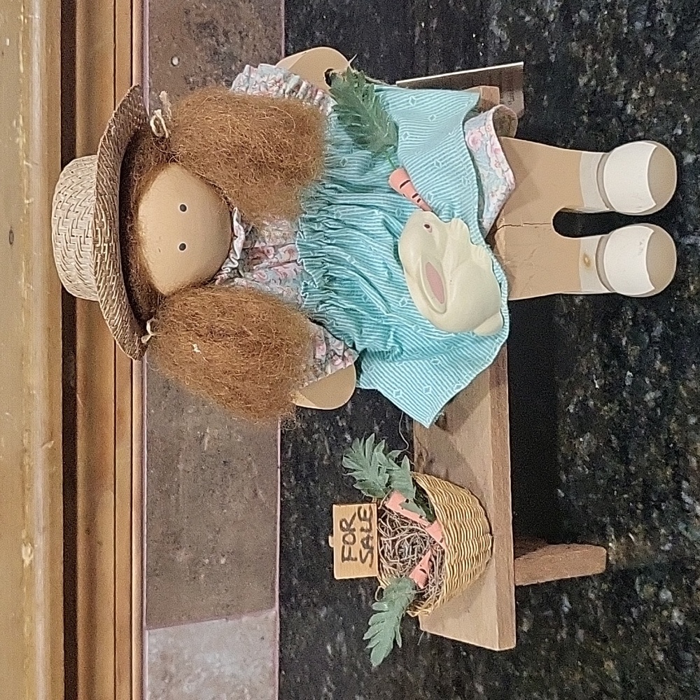 Vintage Lizzie High Wooden Doll Ruth Ann Bowman w/ Bench, Bunny, Carrots & Tag